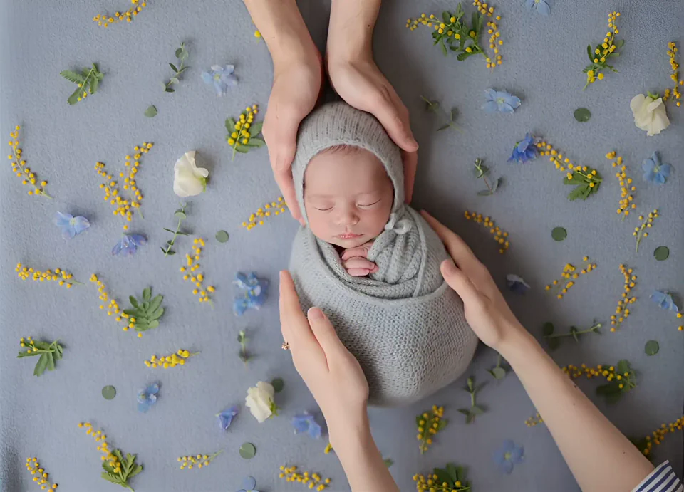 季節の花の中で赤ちゃんを包む家族の手